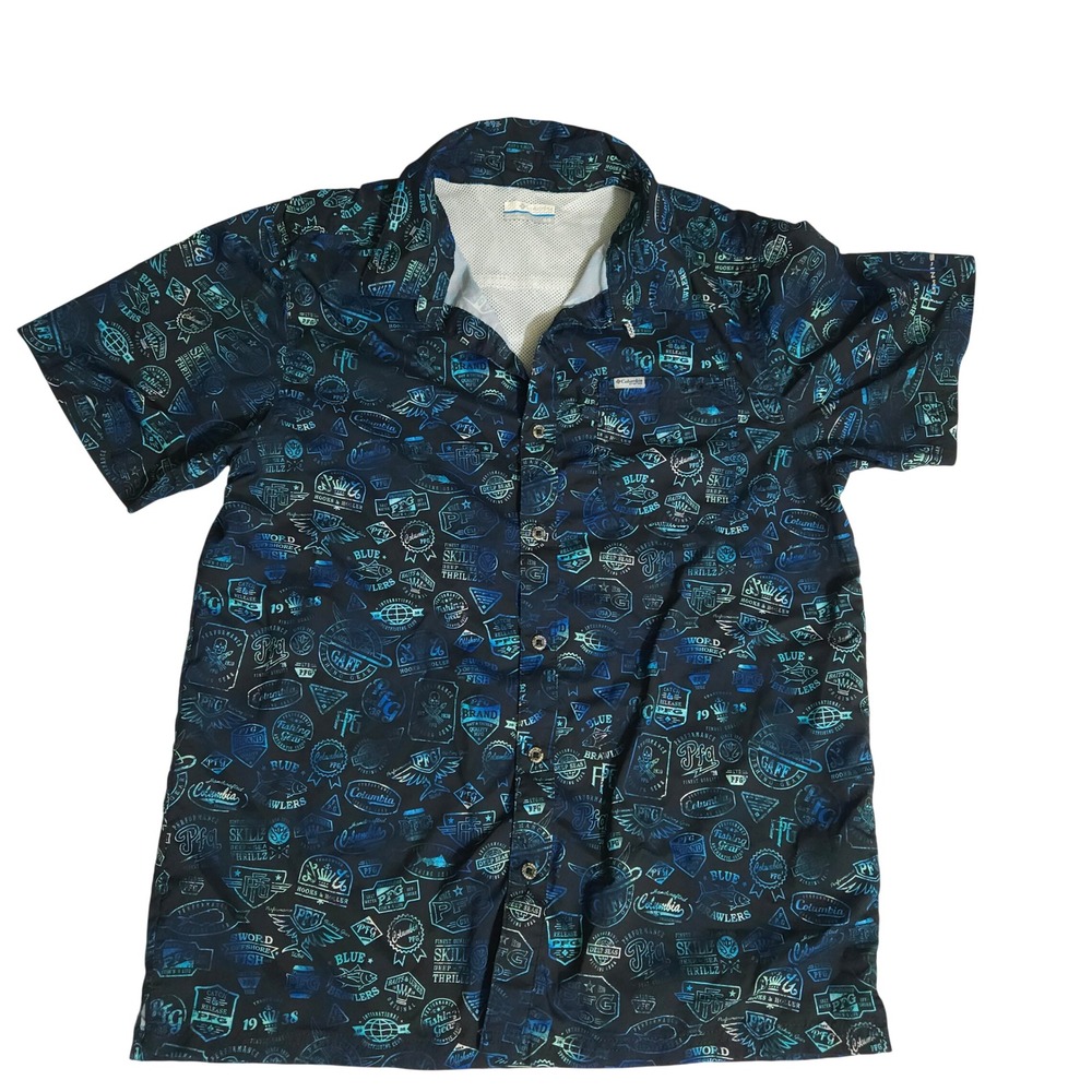 Columbia PFG Mens Medium Blue Teal Badge Print Short Sleeve Fishing Shirt